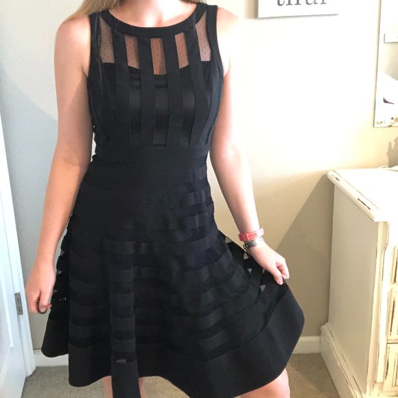 Dobby Mesh Striped Little Black Dress - Picture 2 of 10